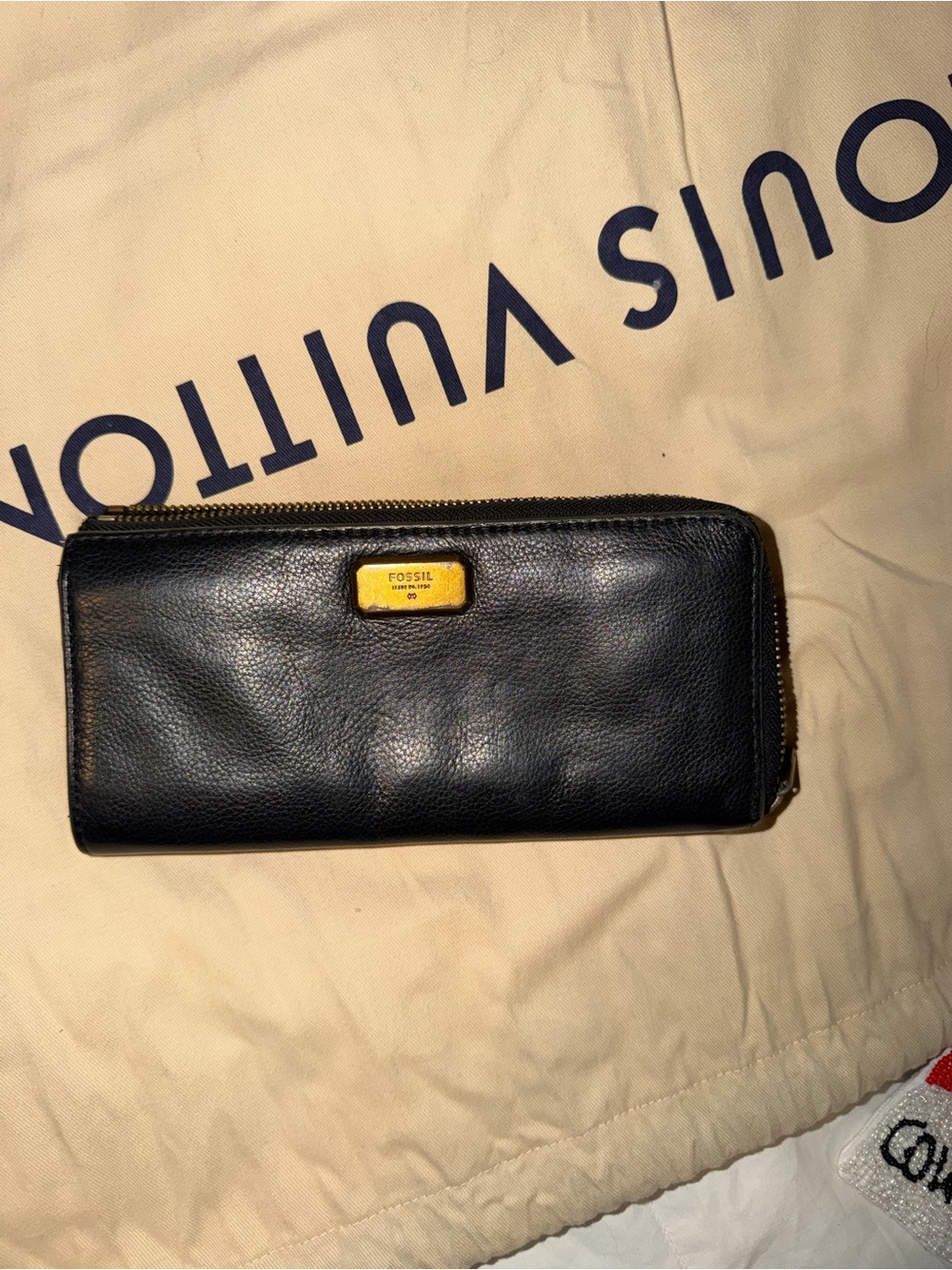 Fossil Black Leather Zip-Around Wallet with Yellow Logo Plate